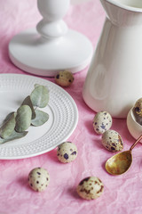 Table setting with white plate, golden spoon, green twig and quail eggs on a pink tissue paper....