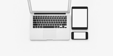 Laptop, tablet and smartphone on white background