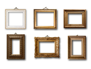 Set of picture gold wooden frame on isolated background
