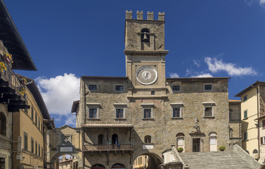 Magnificent view of the Piazza della Repubblica square in the historic center of Cortona, Arezzo, Italy, on a beautiful sunny summer day