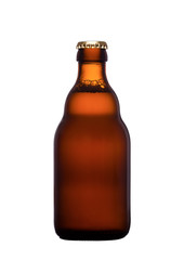 Brown glass beer bottle with yellow cap isolated