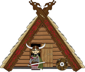 Cartoon Viking Warrior outside Hut