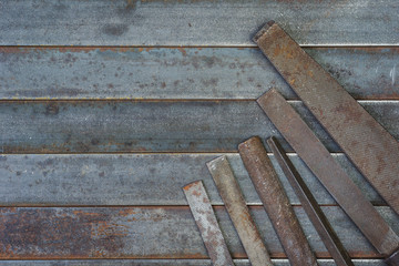 Set of various equipment, rasps for use in the hand with copy space, carpenter tool old rusty metal...