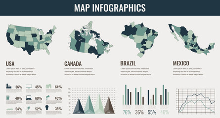 Infographics Elements set with collection Maps of America. USA, Canada, Brazil, Mexico infographics maps. Vector
