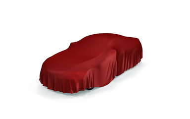 Car covered with a red cloth. 3D Illustration