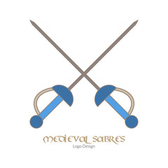 Medieval crossed sabres, swords. Single logo in flat and thin line style isolated on white background. Colorful medieval theme symbol. Simple medieval pictogram, logotype template. Vector illustration