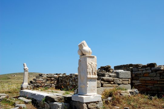 Ancient marble phalluses. Island Of Delos, Greece/ruins of antique marble phalluses. Statue was located at the entrance to the temple of Dionysus, represent masculinity and fertility