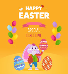 Rabbit in clothes, holding an Easter egg in his hand.