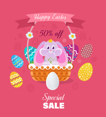 Hare sitting in basket to Easter eggs, special sale.
