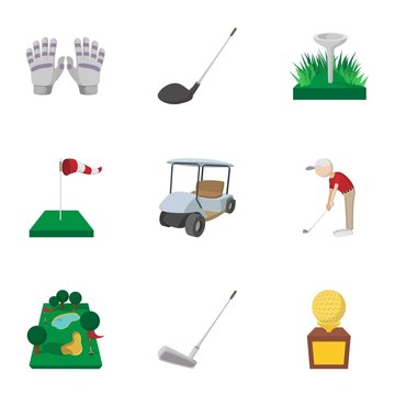 Sport golf icons set, cartoon style