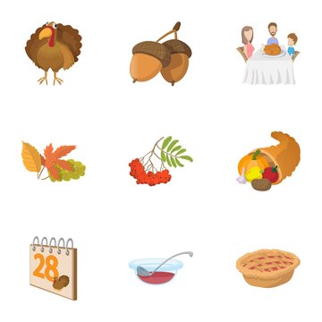 Thanksgiving feast icons set, cartoon style