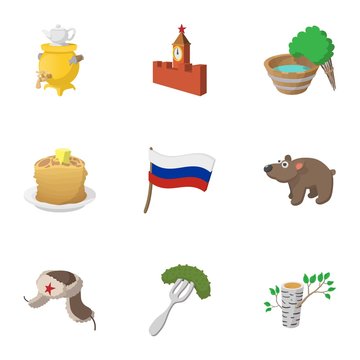 Attractions of Russia icons set, cartoon style