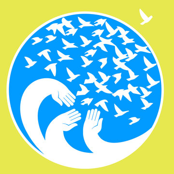Hands, mourners birds. Vector illustration in the circle.