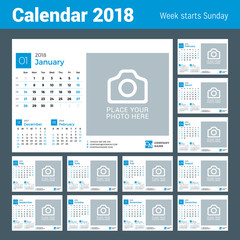Calendar for 2018 Year. Vector Design Print Template with Place for Photo and Company Logo. Week Starts on Sunday. Set of 12 Months