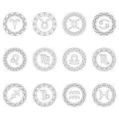 complete set twelve signs of zodiac symbols in round frames - black and white outline - adult coloring book page