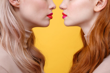 Cropped image of young two ladies with bright makeup lips