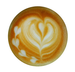 Top view of hot coffee latte art isolated on white background.