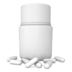 Blank plastic bottle of pills. 3D render illustration isolated on white background. Medical drug pharmacy care and tablet pills antibiotic pharmaceutical