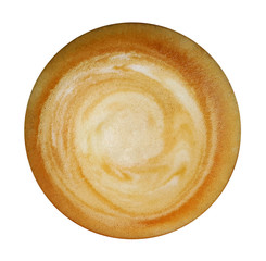 Top view of hot coffee latte art isolated on white background.