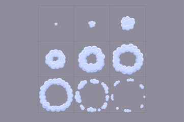 Cloud explosion effect animation. Game design cartoon animation frames. Flash.