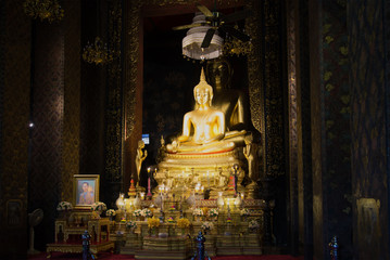 Altar of the Vihan of the Buddhist temple Wat Bovornniwet Wihan. Bangkok, Thailand