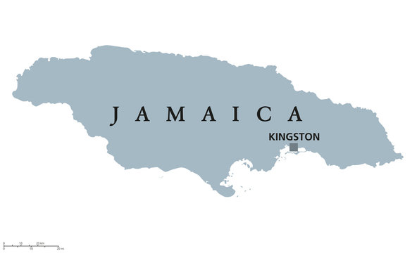Jamaica political map with capital Kingston. Country in the Caribbean Sea and third-largest island of the Greater Antilles. Gray illustration isolated on white background. English labeling. Vector.