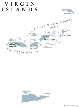 Virgin Islands political map. Island group between Caribbean Sea and Atlantic Ocean. Part of Lesser Antilles and Leeward Islands. Gray illustration on white background. English labeling. Vector.