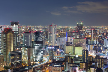 Twilight, Osaka city office building business downtown, Japan