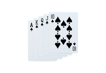 Poker spades of 10 J Q K A playing cards isolated on white background
