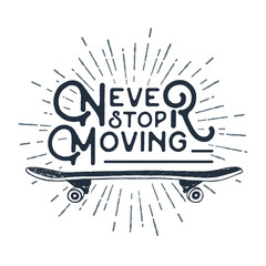 Hand drawn 90s themed badge with skateboard textured vector illustration and 