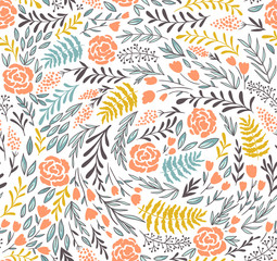 Fototapeta na wymiar Vector floral seamless pattern in doodle style with flowers and leaves. Gentle, summer floral background.