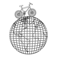 monochrome contour of bicycle over the world map vector illustration