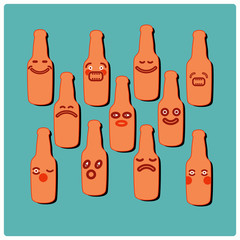 Funny beer bottles emoji set. Vector illustration.