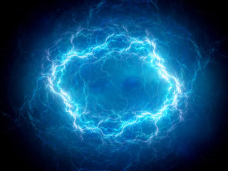 Blue glowing spherical high energy plasma lightning in space - obrazy, fototapety, plakaty