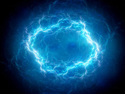 Blue glowing spherical high energy plasma lightning in space