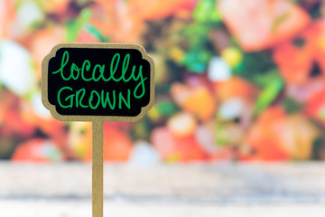 Wooden mini blackboard label over vegetable salad background