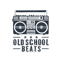 Hand drawn 90s themed badge with boombox recorder textured vector illustration and 