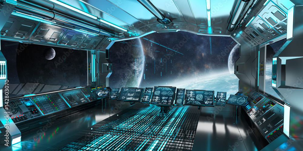 Aufkleber Spaceship interior with view on distant planets system 3D rendering elements of this image furnished by NASA
