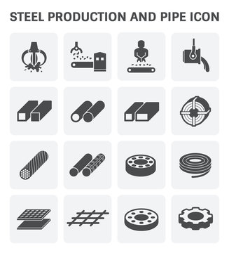 Steel production industry, manufacturing vector icon consist of worker, machine equipment and production line. Include process to casting product of steel, aluminum, iron or stainless i.e. pipe, roll.