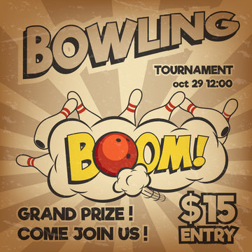 Vector pop art bowling illustration on a vintage background. Bowling strike. Retro bowling tournament poster design concept.