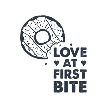 Hand drawn label with textured donut vector illustration and "Love at first bite" lettering.