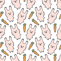 Seamless Pattern with Cute Pink Rabbit or Bunny with Carrot