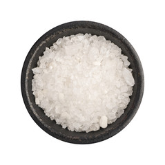 Large Crystals of Natural Sea Salt in Black Bowl Isolated