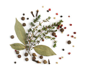 Group of Dry Spices with Thyme and Black Pepper Isolated