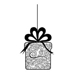 monochrome silhouette of giftbox with decorative ribbon pendant of thread vector illustration