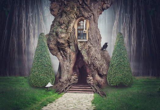 Fototapeta Fairy tree house in fantasy dark forest