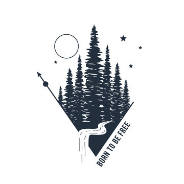 Hand drawn inspirational badge with textured forest vector illustration and "Born to be free" lettering.
