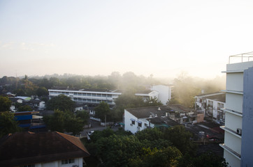 Landscape and cityscape with traffic road of Lampang city in morning time