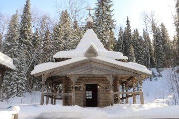 wooden church in Russia, winter