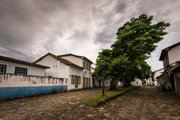 Fototapeta na wymiar Cobblestone Streets and Colonial Portuguese Style Houses in Historical Center of Paraty, Brazil